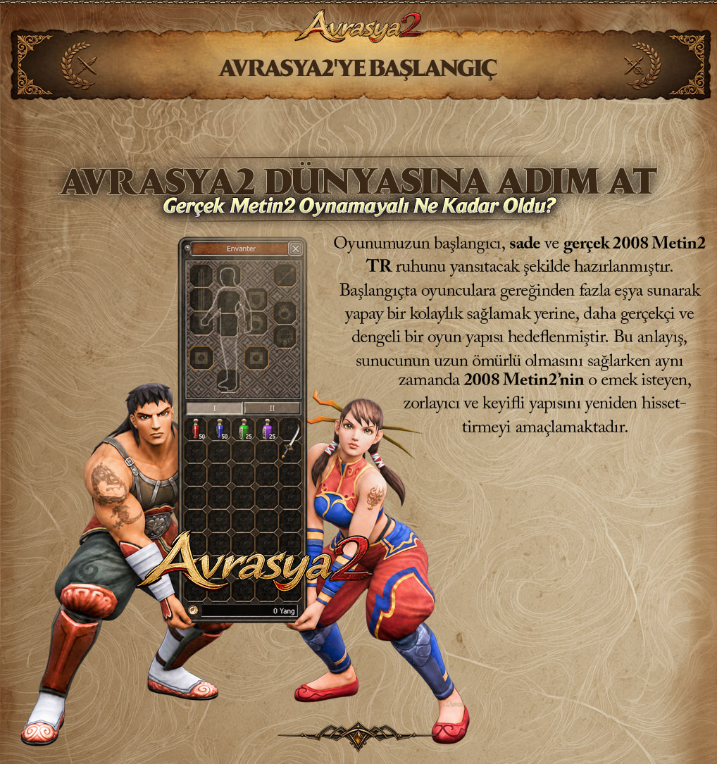 Avrasya2 dünyasına adım at: Metin2 1-99 emek server başlangıç envanteri